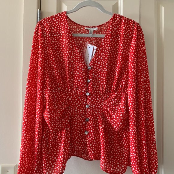 NWT TOPSHOP Floral Ruched Side Top In Red - Picture 4 of 6